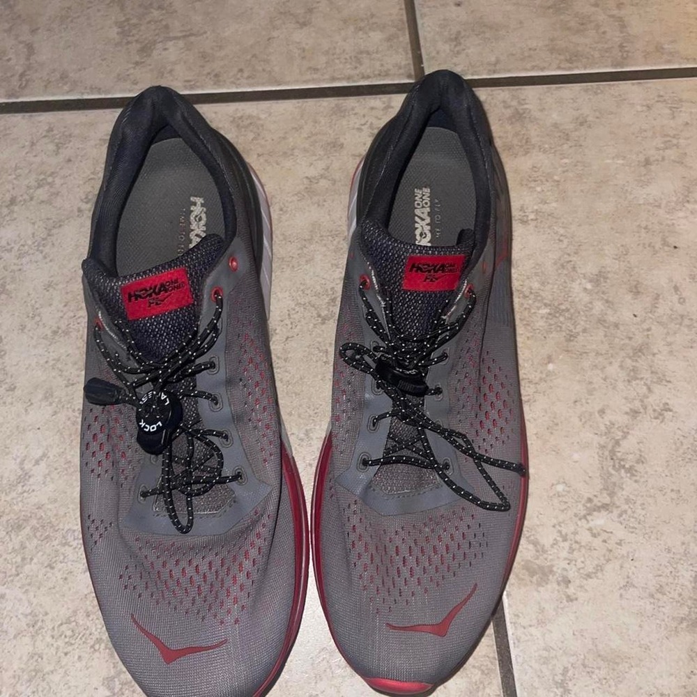 Hoka One One Cavu Mens 11.5 Grey Red Athletic Running Shoes Sneakers